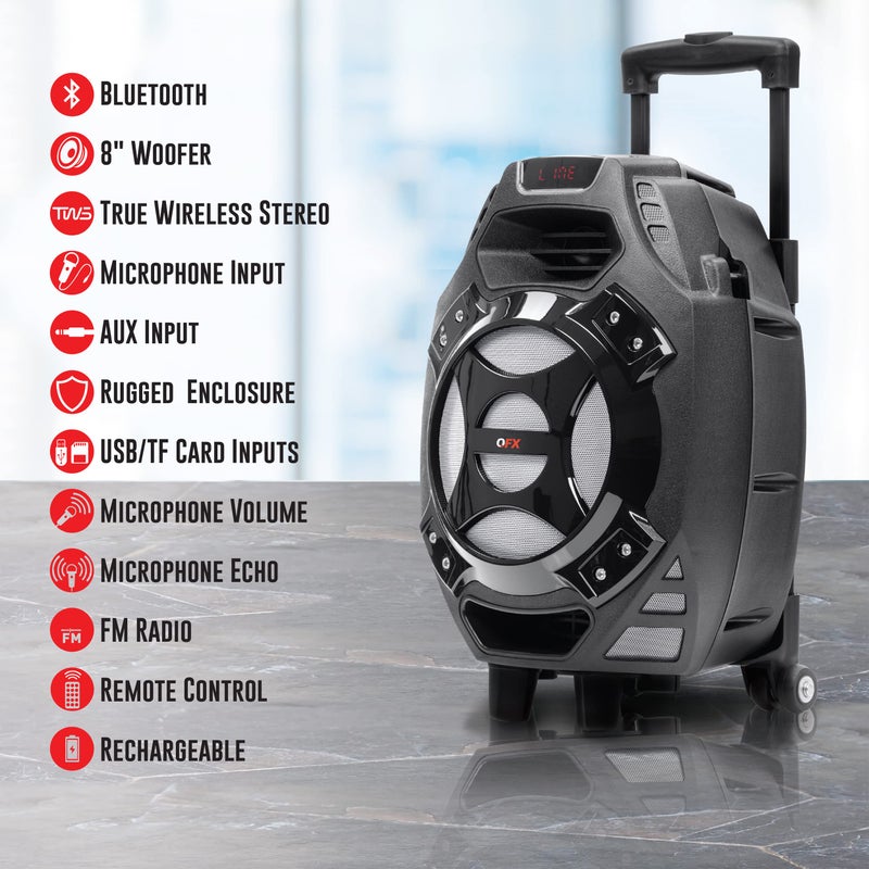 QFX PBX-61081 Rechargeable Portable Speaker | 8" Woofer | 400 Watts | Bluetooth, AUX, SD Card, FM Radio | Handle, Wheels, 12 Lbs | Perfect for Tailgating, Indoors, Outdoors Audio | Silver - Image 4